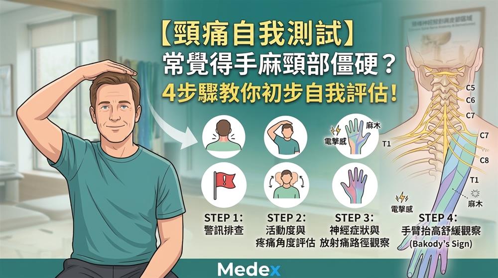 頸痛自我測試與頸椎神經症狀示意